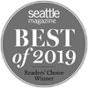 A grey circular badge from Seattle Magazine, "BEST of 2019," labeled as a Readers' Choice Winner.