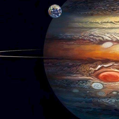 An artistic depiction of Jupiter with its Great Red Spot and Earth in the background, set against a dark space backdrop.