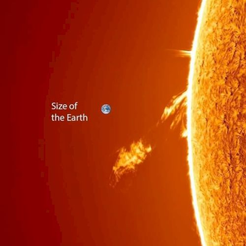 The image shows part of the Sun with a comparison to Earth's size, highlighting the massive scale difference between the two celestial bodies.