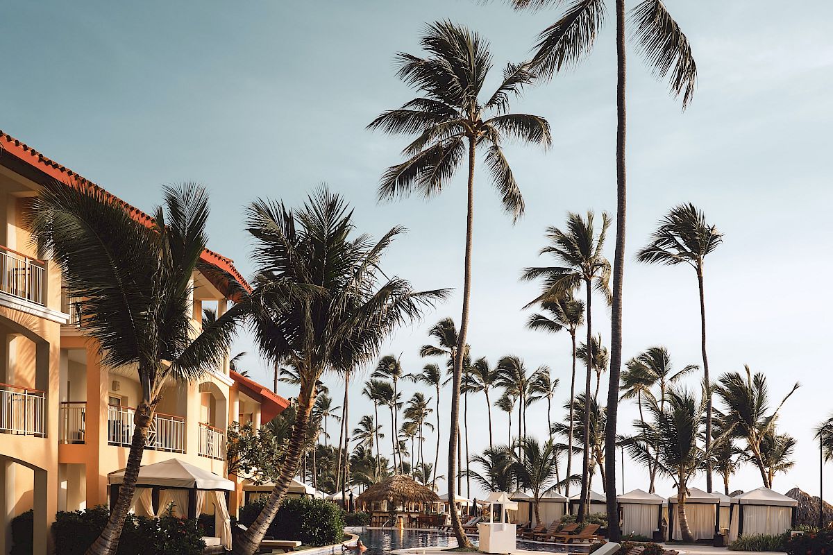 A tropical resort poolside scene with lounge chairs and tall palm trees under a clear sky, adjacent to a multi-story building.